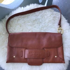 Kate Spade Signature Embossed Brown Leather Slip Flap Shoulder Tote Handbag